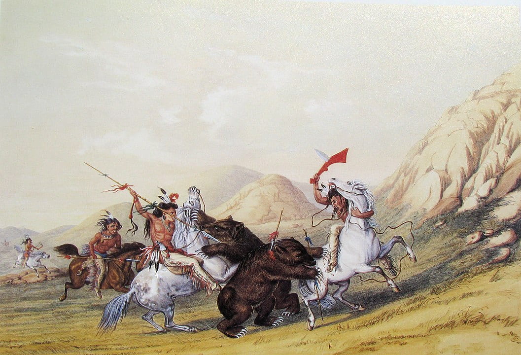painting of Native American hunters attacking two grizzly bears
