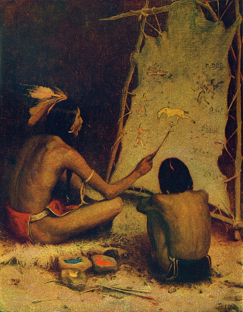 Native American man showing hide painting to boy
