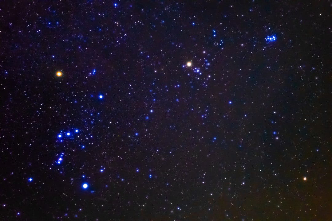 Orion, Taurus, and Pleiades constellations