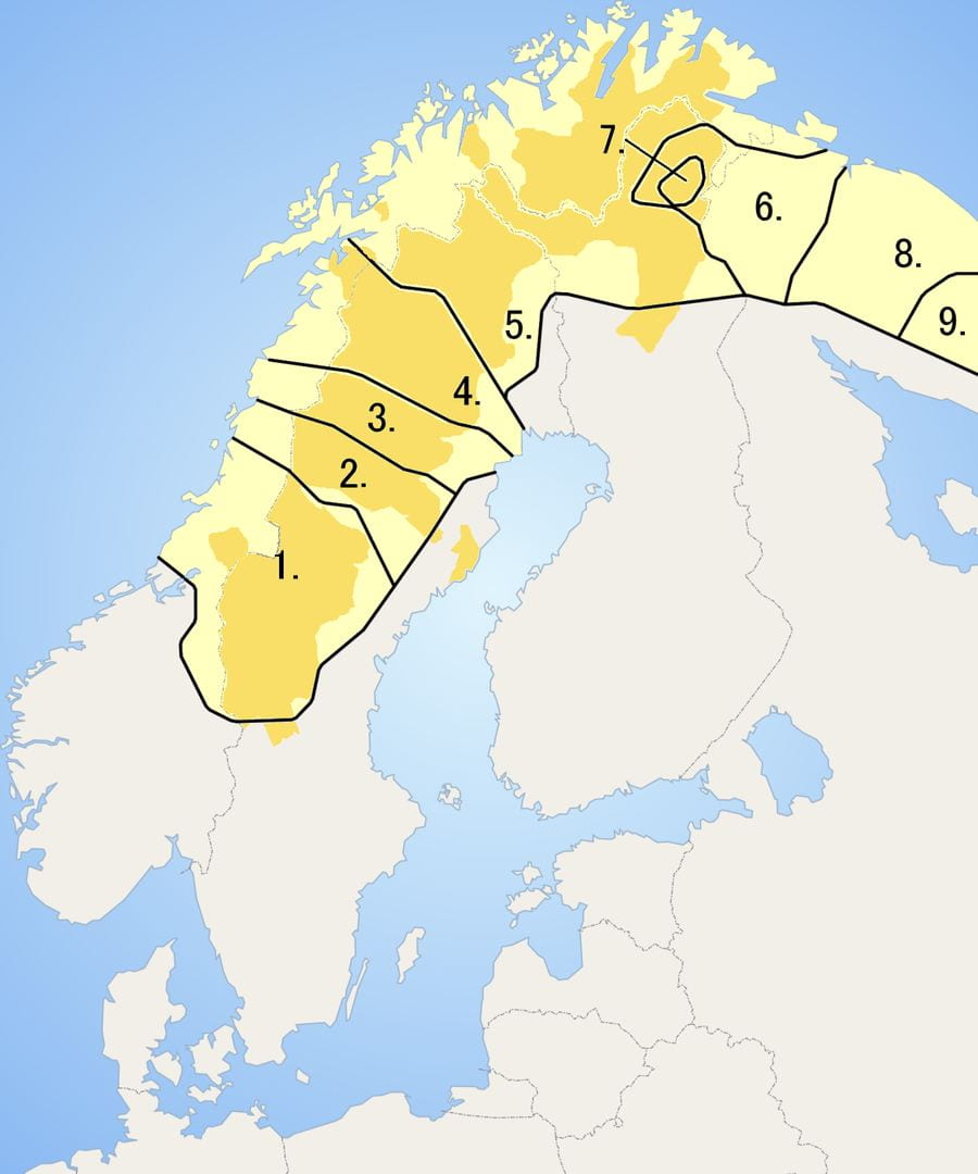 map showing distribution of Saami languages