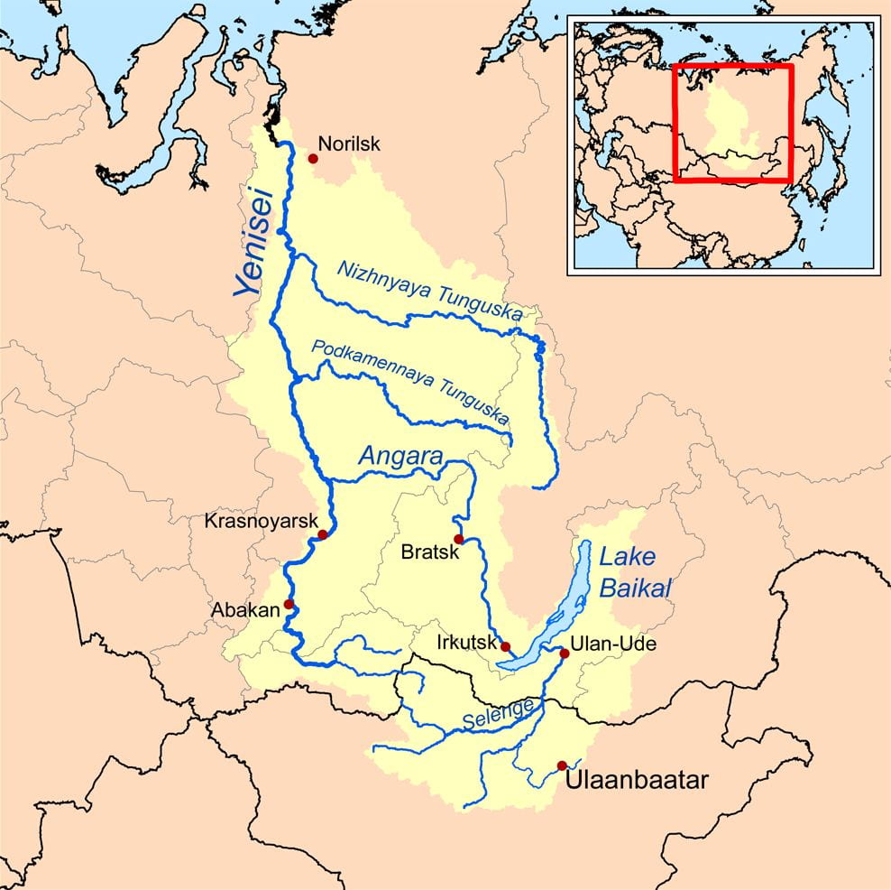 map of Yenisey River Basin in Siberia
