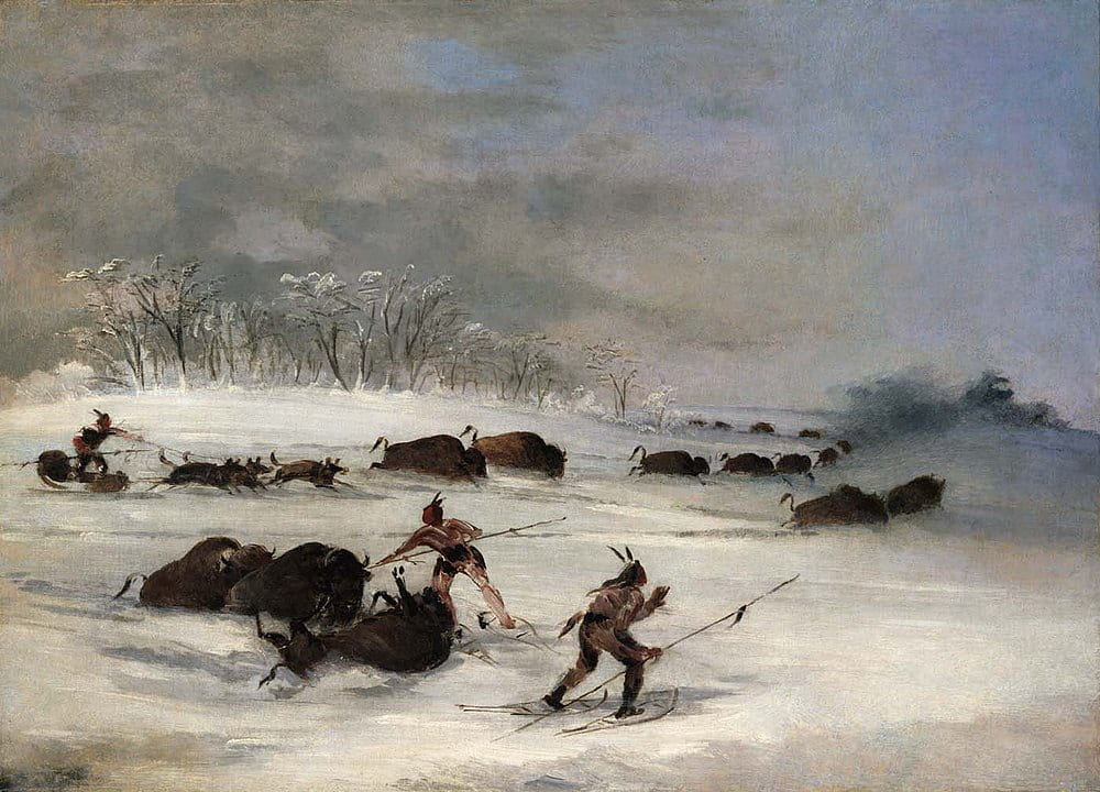 George Catlin painting of Sioux hunting buffalo on snowshoes